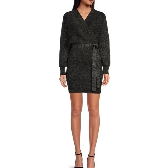 Gianni Bini Alston Metallic Tie Waist Sweater Dress Black Silver Size Large NWT - Picture 4 of 11